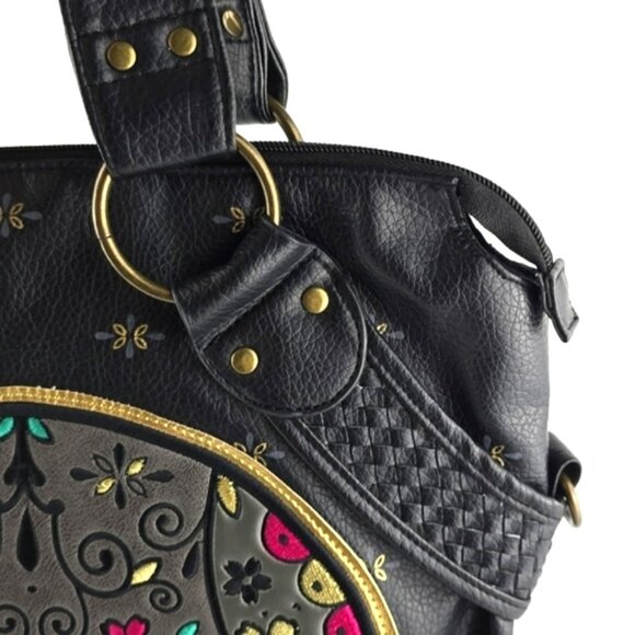 Loungefly Women's Sugar Skull Day of the Dead Large Black Faux Leather Bag Pink - Picture 7 of 16